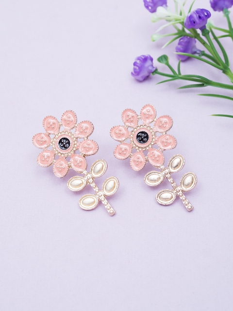 

Golden Peacock Peach-Coloured & Gold-Toned Enamelled Floral Drop Earrings