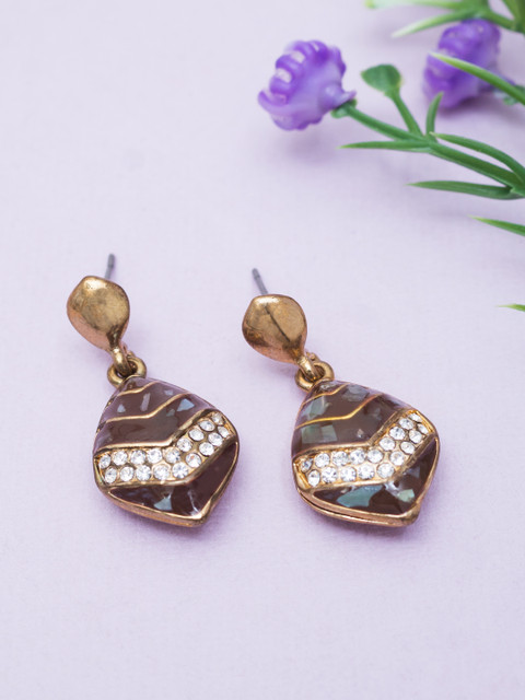 

Golden Peacock Coffee Brown & Gold-Toned CZ Enamelled Teardrop Shaped Drop Earrings