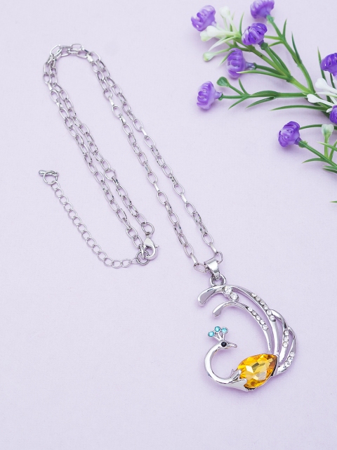 

Golden Peacock Silver-Toned & Yellow Stone-Studded Peacock-Shaped Pendant with Chain