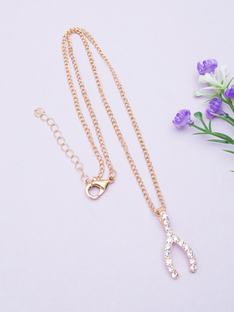 

Golden Peacock Gold-Toned Stone-Studded Wishbones Shaped Pendant with Chain
