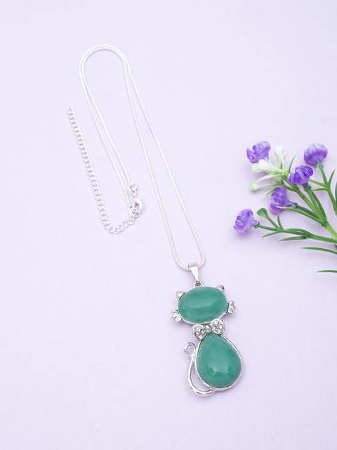 

Golden Peacock Silver-Toned & Green Stone Studded Cat-Shaped Pendant with Chain