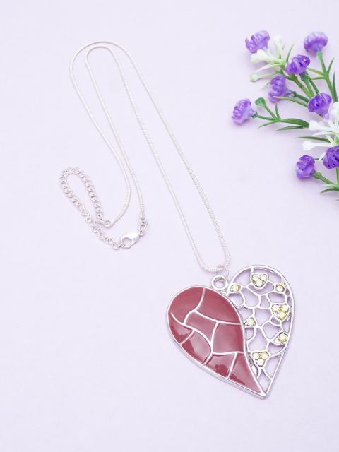 

Golden Peacock Silver-Toned & Brown Stone-Studded Heart Shaped Enamelled Pendant & Chain