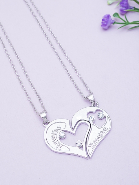 

Golden Peacock Set of 2 Silver-Toned Heart-Shaped Couple Pendants with Chains