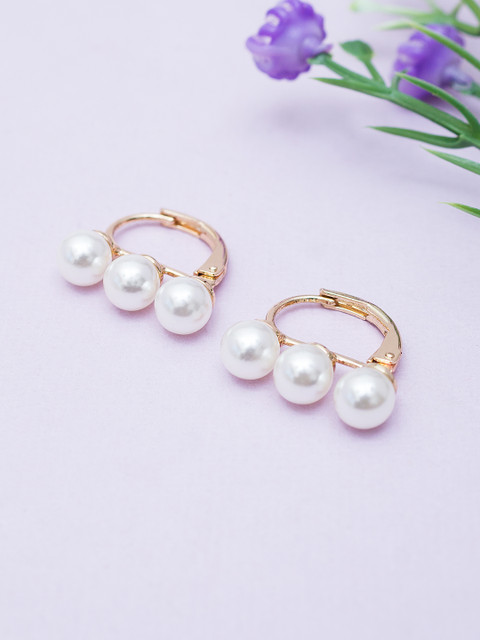 

Golden Peacock White & Gold-Toned Beaded Contemporary Studs