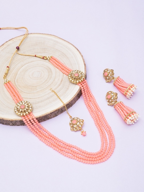 

Golden Peacock Peach-Coloured & Gold-Toned Kundan Studded & Beaded Layered Jewellery Set