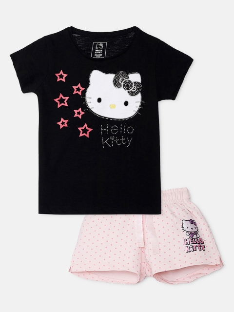 

Kids Ville Girls Black & Pink Hello Kitty Printed T-shirt with Shorts
