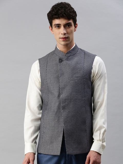 

Raymond Men Navy Blue & Grey Self Design Slim Fit Pure Cotton Nehru Jacket