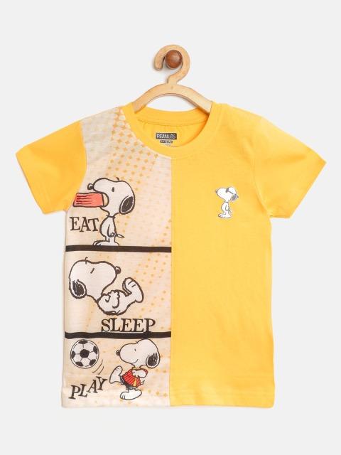 

Eteenz Boys Mustard Yellow & Off-White Snoopy Print Pure Cotton Round Neck T-shirt