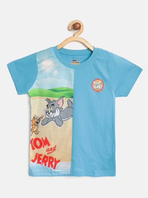 

Eteenz Boys Blue & Beige Tom & Jerry Print Pure Cotton Round Neck T-shirt