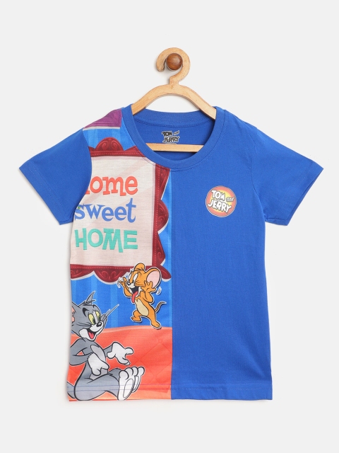

Eteenz Boys Blue & Brown Tom & Jerry Print Pure Cotton Round Neck T-shirt