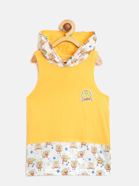 

Eteenz Boys Mustard Yellow White Sponge Bob Print Hooded Pure Cotton T-shirt