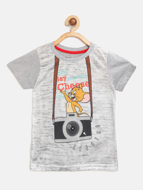 

Eteenz Boys Grey Melange & Yellow Jerry Print Cotton Round Neck T-shirt