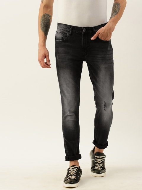 

SINGLE Men Black Slim Tapered Fit Low Distress Heavy Fade Stretchable Jeans