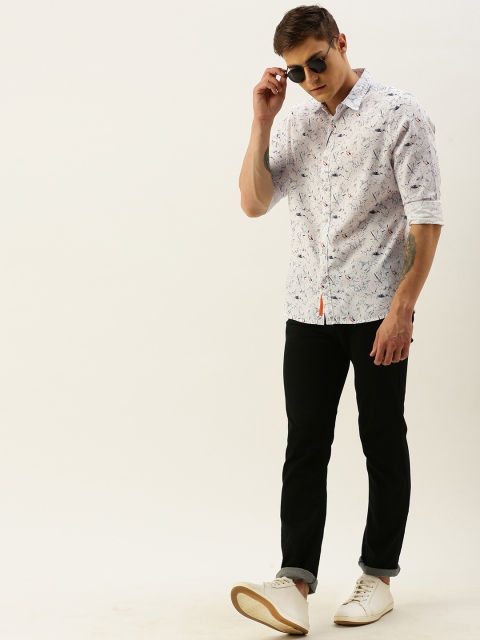 

SINGLE Men White & Navy Blue Slim Fit Printed Casual Shirt
