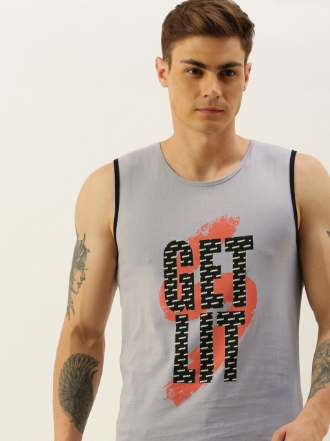 

SINGLE Men Grey Printed Round Neck Pure Cotton T-shirt