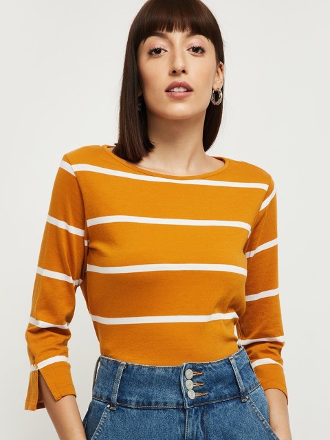

max Women Mustard Yellow White Striped Round Neck Cotton Pure Cotton T-shirt