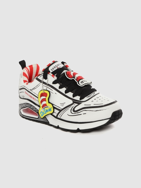 

Skechers Women White & Black Printed Leather Uno Tip of His Hat Sneakers