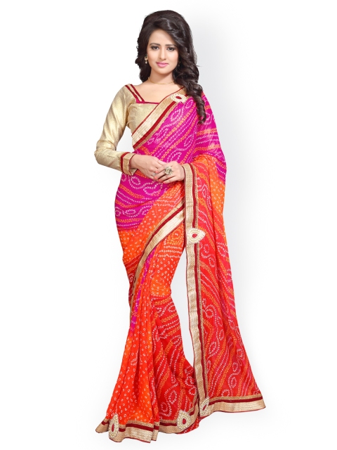 

MIRCHI FASHION Pink & Orange Bandhani Print Poly Georgette Embellished Saree