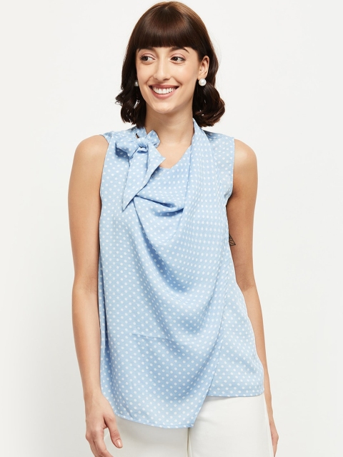 

max Blue & White Printed Cowl Neck Polk Dot Printed Regular Top