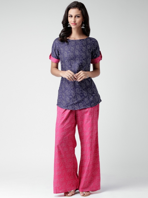 

GERUA Navy & Pink Paisley Print Kurti with Palazzo Trousers, Navy blue