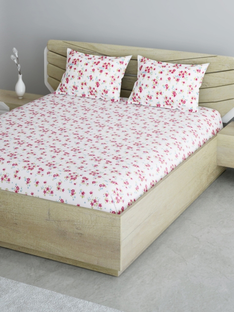 

Aura White & Pink Floral 144 TC 120 GSM Cotton 1 Queen Bedsheet with 2 Pillow Covers