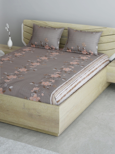 

Aura Brown & Peach-Coloured Floral 144 TC 120 GSM Cotton Queen Bedsheet & 2 Pillow Covers