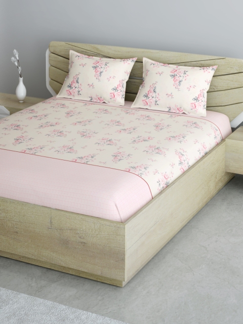 

Aura Pink & Grey Floral 144 TC Cotton 120 GSM 1 Queen Bedsheet with 2 Pillow Covers