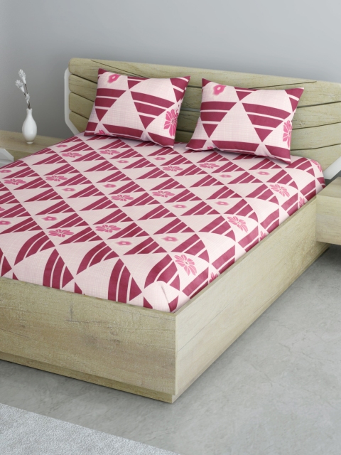 

Aura Pink & White Geometric 144 TC 120 GSM Cotton Queen Bedsheet with 2 Pillow Covers