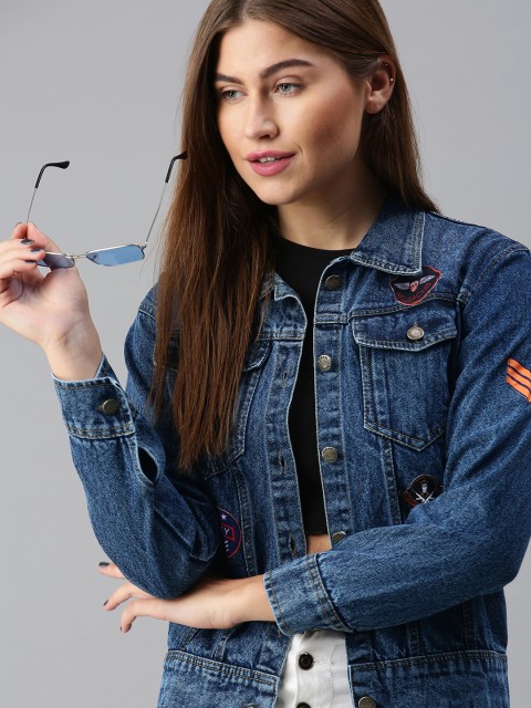 

VOXATI Women Blue Printed Denim Jacket With Patch Work