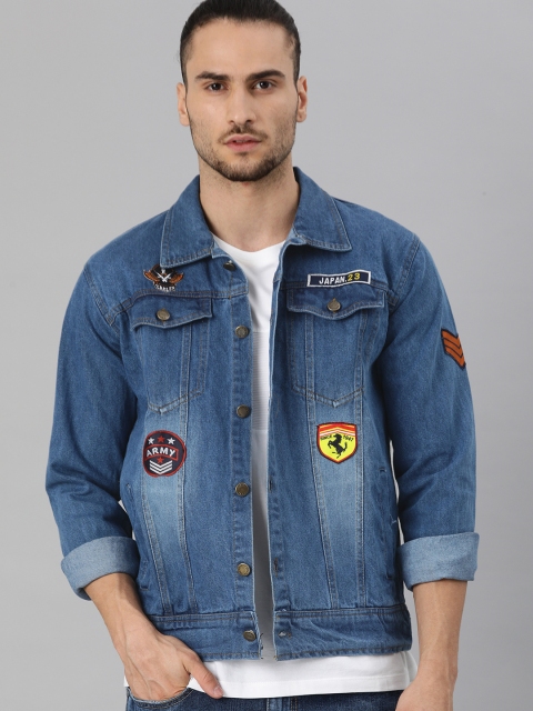 

VOXATI Men Blue Washed Denim Jacket with Applique Detailing