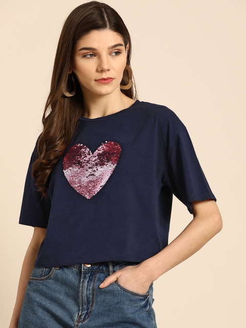 

COVER STORY Women Navy Blue Self Design Round Neck T-shirt