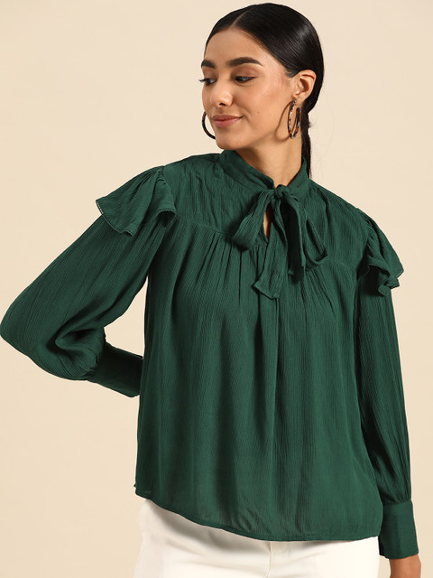 

COVER STORY Green Tie-Up Neck Layered Regular Top
