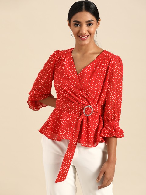

COVER STORY Red & White Polka Dot Printed Bell Sleeves Wrap Top