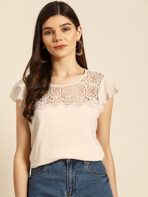 

COVER STORY Off White Pure Cotton Flutter Sleeves Regular Top