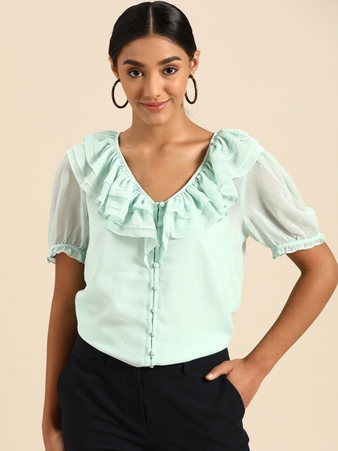 

COVER STORY Sustainable Sea Green Puff Sleeves Semi-Sheer Regular Top