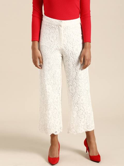 

COVER STORY Women White Loose Fit Self Design Parallel Trousers