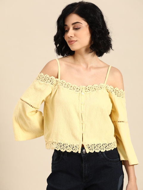 

COVER STORY Yellow Off-Shoulder Solid Bardot Top