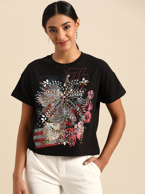 

COVER STORY Women Black Pink Printed Round Neck Pure Cotton T-shirt