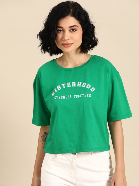 

COVER STORY Women Green White Printed Round Neck Pure Cotton T-shirt
