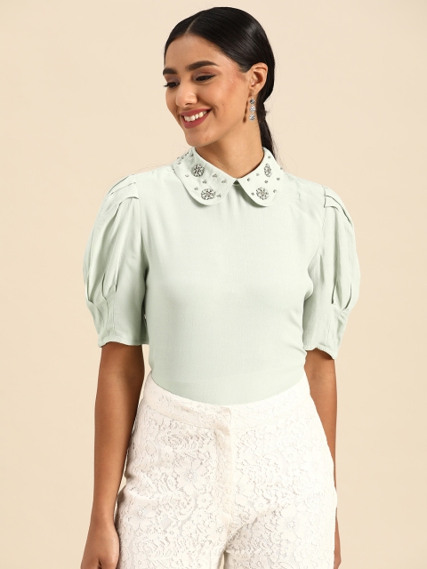 

COVER STORY Sea Green Peter Pan Collar Puff Sleeves Studded Regular Top