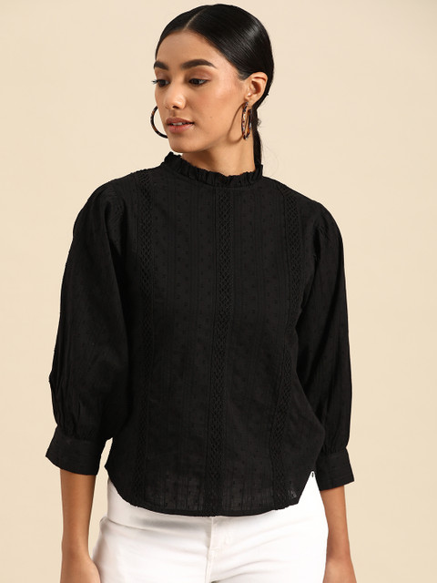 

COVER STORY Black Pure Cotton Solid Regular Top