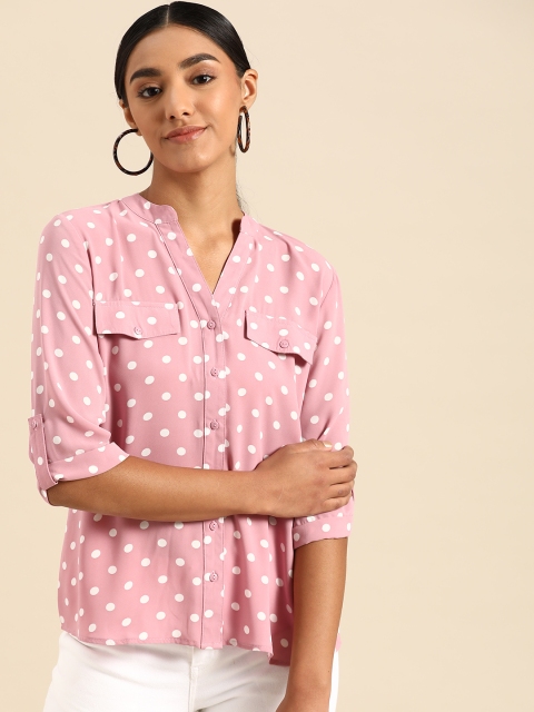 

COVER STORY Women Pink & White Polka Dots Printed Casual Shirt