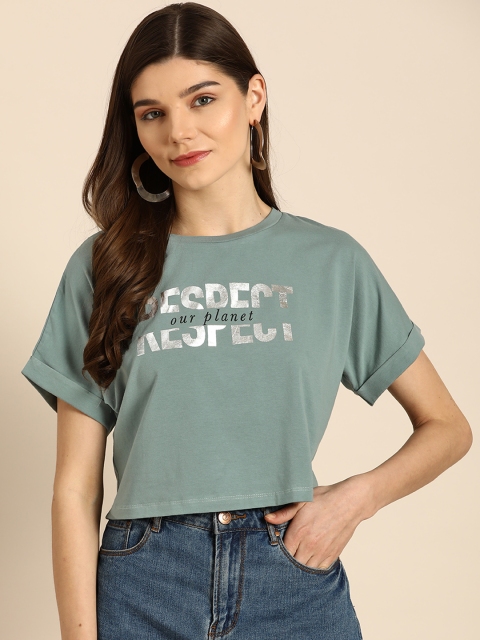 

COVER STORY Women Green Pure Cotton Printed Round Neck Pure Cotton T-shirt