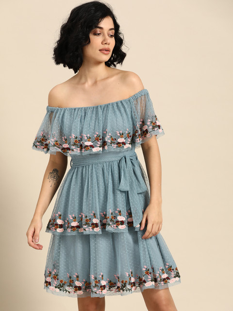 

COVER STORY Women Blue Embroidered A-Line Dress
