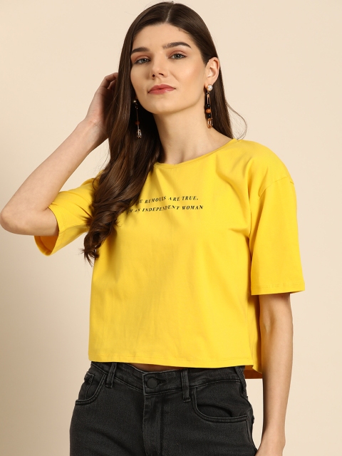 

COVER STORY Women Yellow Pure Cotton Printed Round Neck Pure Cotton T-shirt