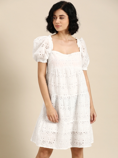 

COVER STORY Women White Embroidered Schiflli A-Line Dress