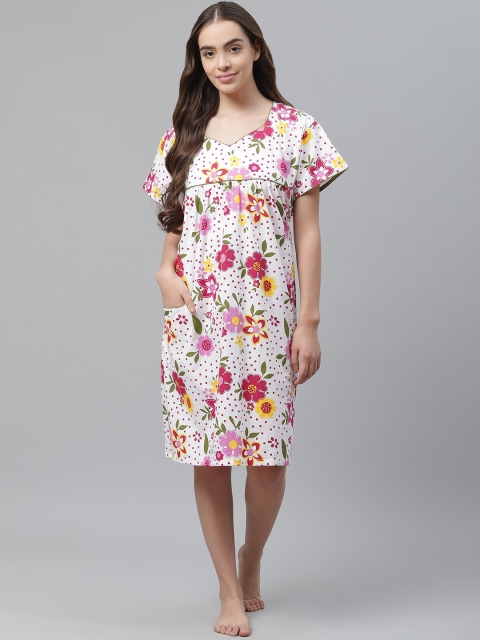 

Vemante White & Pink Floral Printed Pure Cotton Nightdress