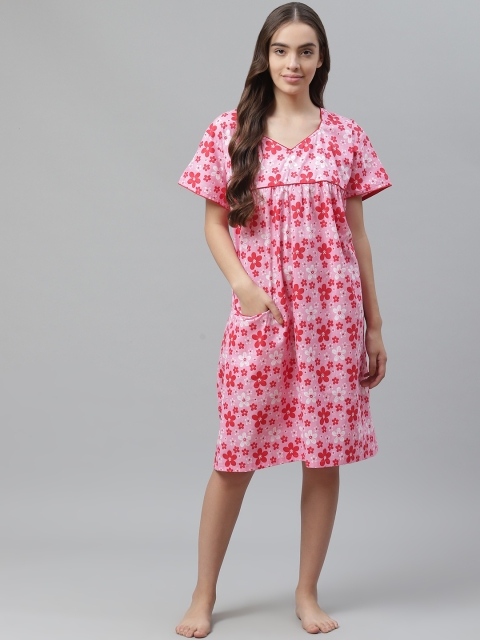Vemante Pink & Red Cotton Floral Print Knee Length Nightdress