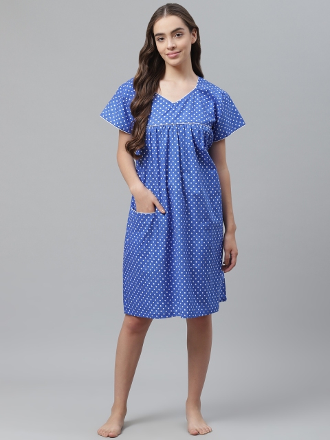 

Vemante Blue & White Polka Dot Printed Cotton Nightdress