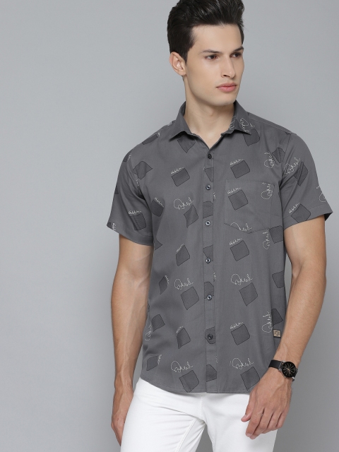 

DENNISON Men Grey & White Slim Fit Printed Pure Cotton Casual Shirt